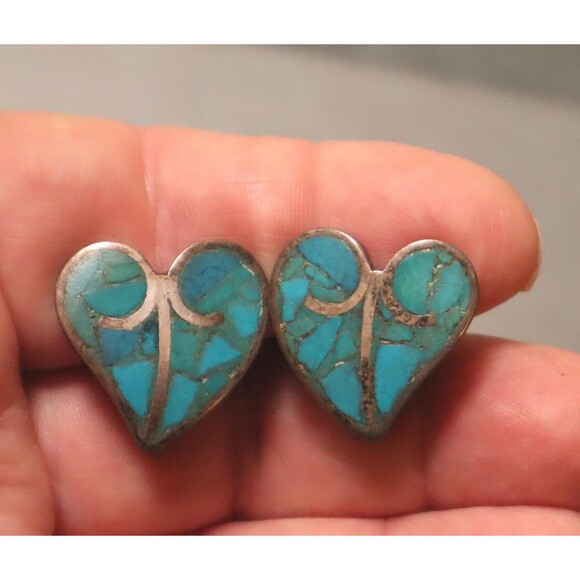 Sterling Turquoise Bracelet Earrings Set Mosaic Heart Leaves Mexican ? - Picture 11 of 16